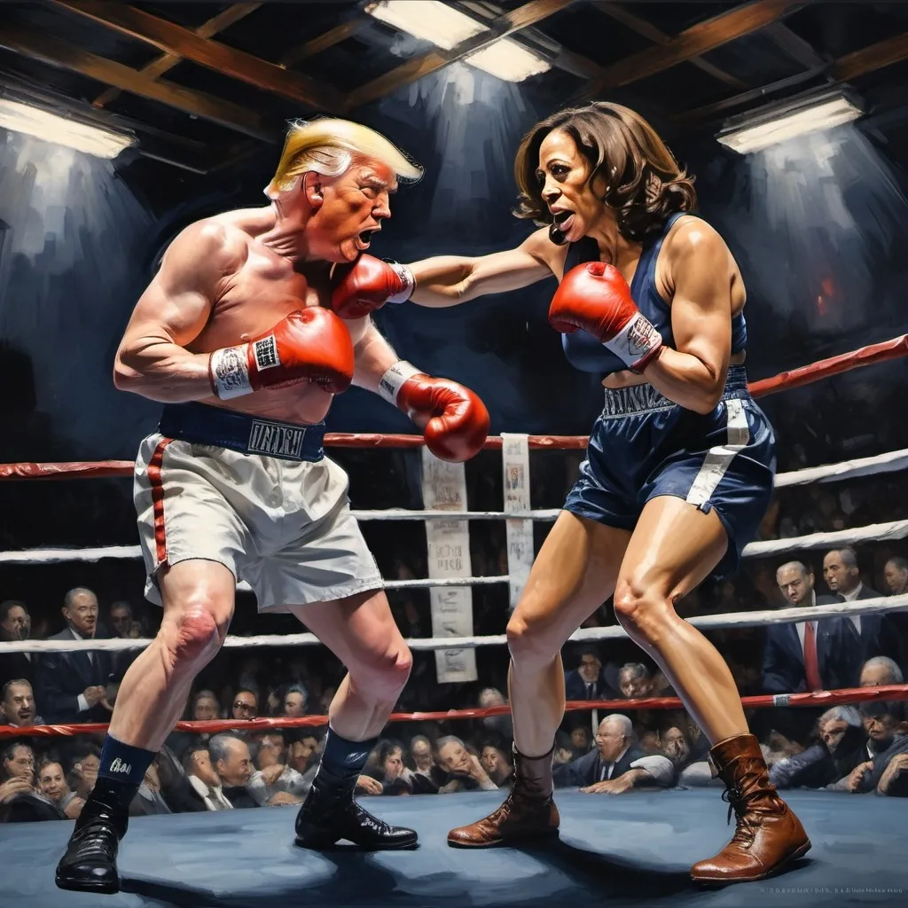 Prompt: kamala harris lands a knock out punch to donald trump    in the style of george bellows