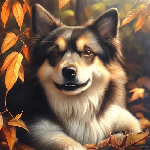 Prompt: Lifelike oil painting of a relaxed dog, warm sunlight filtering through leaves, realistic fur with subtle highlights, detailed eyes capturing a serene expression, high quality, lifelike, oil painting, realistic, warm sunlight, detailed fur, serene expression, traditional art, professional, atmospheric lighting