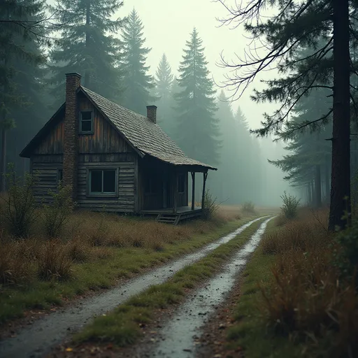 Prompt: A rundown cabin along a dirt road heading into the woods