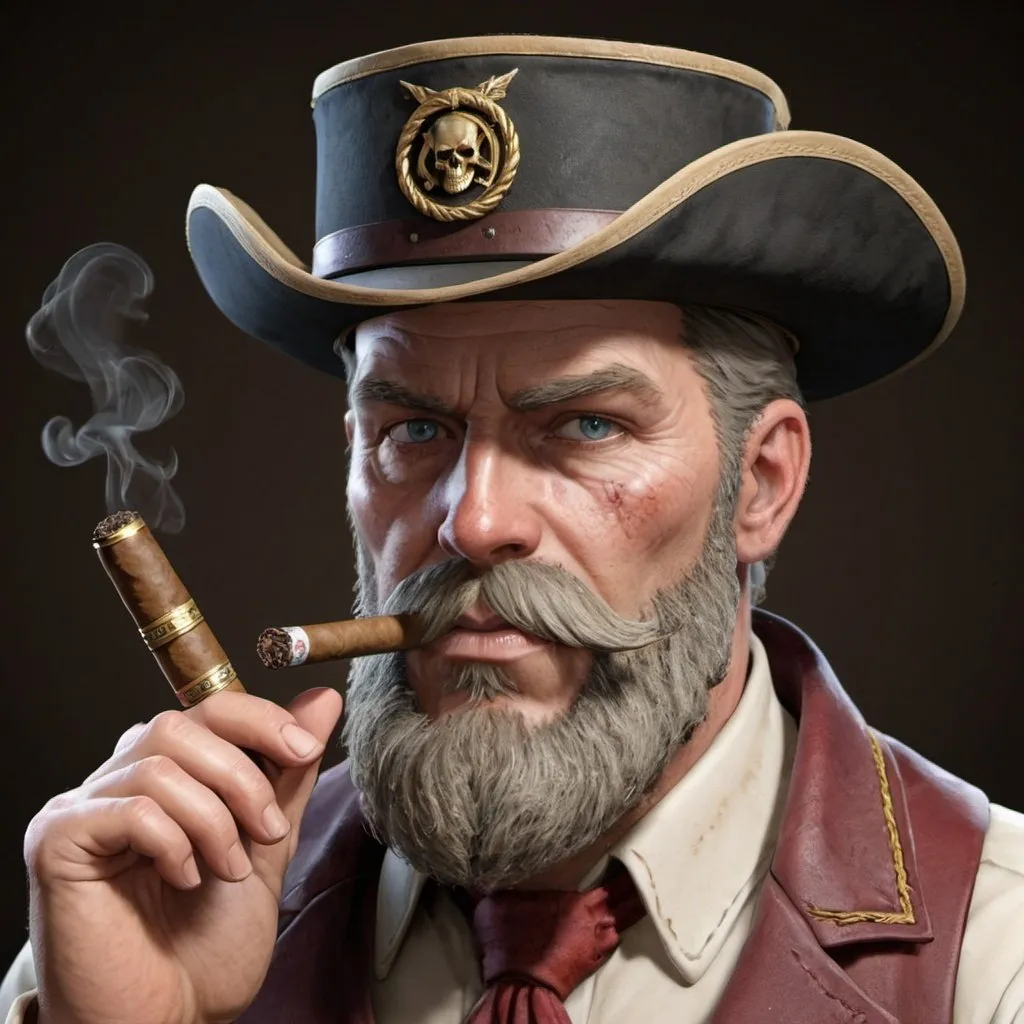 Prompt: Captain Briars, loves cigars he has three in his mouth at all times, and he deals prescription drugs to small animals, he also has a large scar and a large beard, gunslinger


   