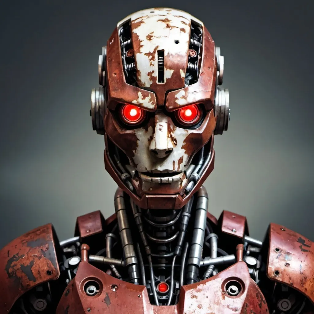 Prompt: Photorealistic humanoid robotic character with damaged rusted armor with red lights and kind of ceramic off white damaged face mask with dark red shining background with clouds