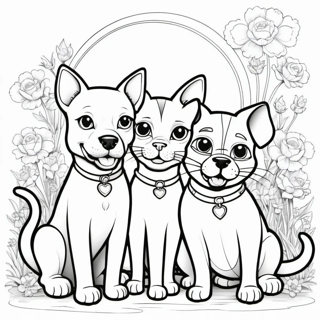 Prompt: Cat and dog funny colouring pages
