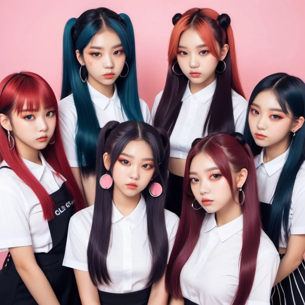 Prompt: the group is called the cliques a kpop group with 6 members named val cake mix ranni yonielle and ny. acubi style concept -hair nice -not cute concept