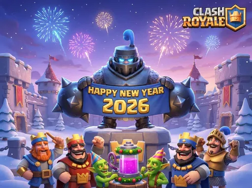 Prompt: Create a image in it the words happy new happy new year 2026 and add in the theme clash royale with the mega knight