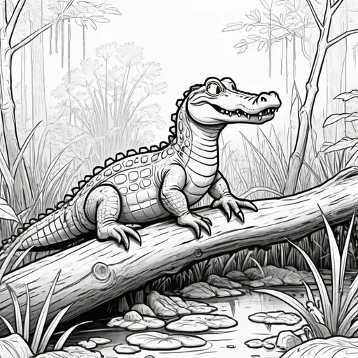 Prompt: An alligator sitting on a fallen tree in a swamp for a children's coloring book