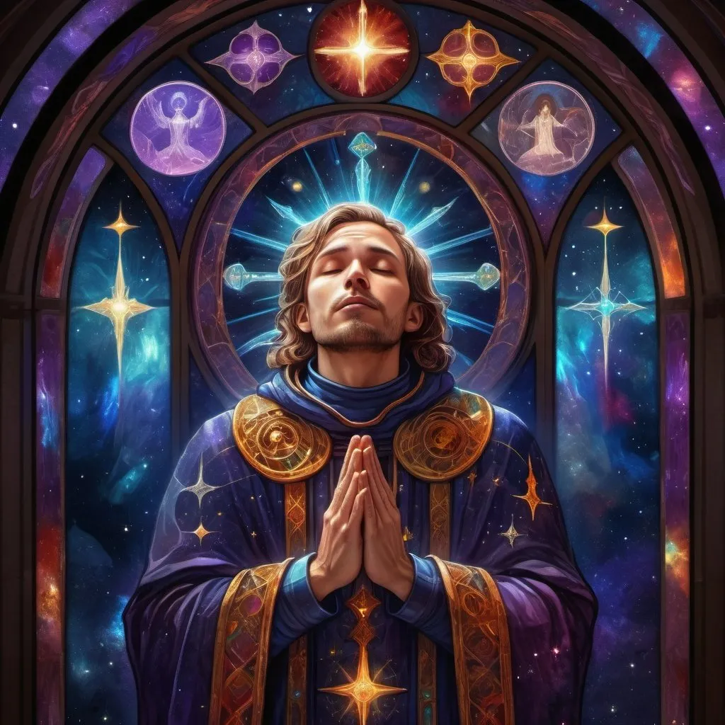 Prompt: Space cult praying in church to celestial gods, digital painting, cosmic robes, intricate space symbols, ethereal glow, high quality, detailed, digital painting, cosmic, celestial, intricate details, otherworldly, mystical, cosmic lighting