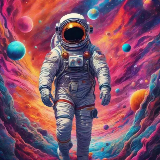 Prompt: NASA astronaut on psychedelic space trip, vibrant colors and shapes, cosmic scenery, surreal planets and suns, swirling galaxies, high-resolution, surreal art, vibrant colors, cosmic psychedelic, trippy visuals, surreal space, vivid and vibrant, acid trip, surreal planets, abstract shapes, cosmic atmosphere