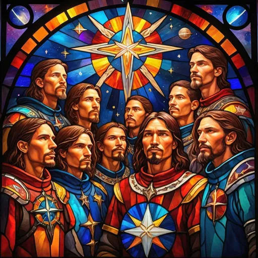 Prompt: Six nations warriors cult in celestial Christian church, vibrant colors, diverse people, distant planets, twinkling stars, oil painting, detailed faces, high quality, celestial, vibrant colors, diverse people, planetary, starry sky