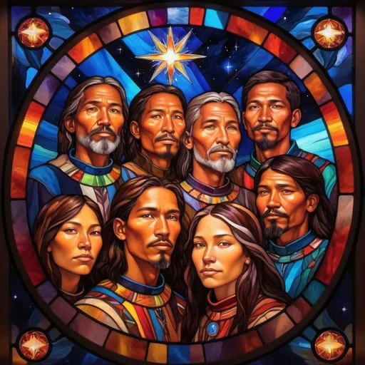 Prompt: Six nations natives in celestial Christian church, vibrant colors, diverse people, distant planets, twinkling stars, oil painting, detailed faces, high quality, celestial, vibrant colors, diverse people, planetary, starry sky