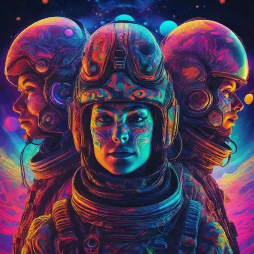 Prompt: Six, nations, warriors, space, high on acid, psychedelic, futuristic, vibrant colors, trippy, space suits, psychedelic patterns, cosmic background, detailed face paint, neon lighting, surreal, highres, digital art, vibrant, atmospheric lighting