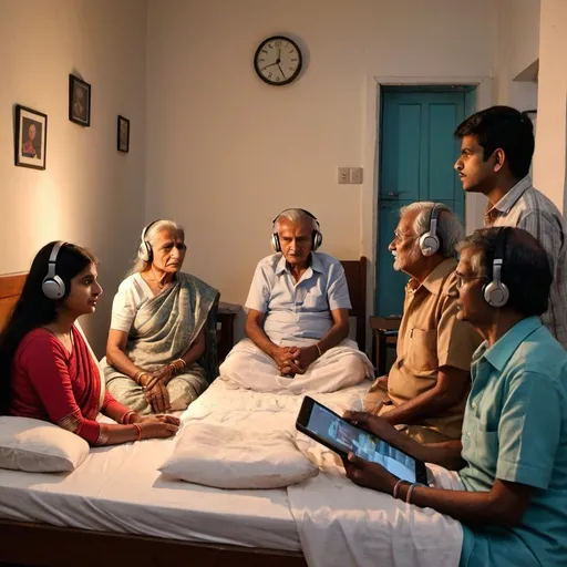 Prompt: at evening 8.27 pm,  in a room, 5 indian teenangers and elderly people are relaxing in bed and listening to audiostory in headphones. they are listening and discussing, which story is next? 