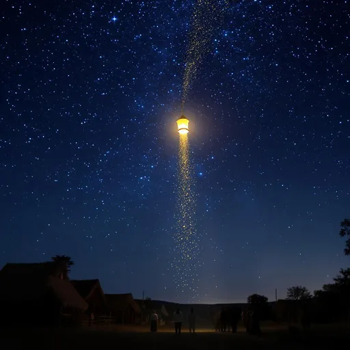 Prompt: A night sky filled with stars. A single glowing lantern slowly rising upward, leaving a trail of golden sparkles behind. Villagers stand below, watching in silent awe.