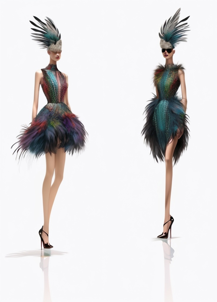 Prompt: a drawing of a woman in a dress with feathers on it's back and a woman in a short dress with feathers on her back, Alexander McQueen, lyco art, concept design, a digital rendering