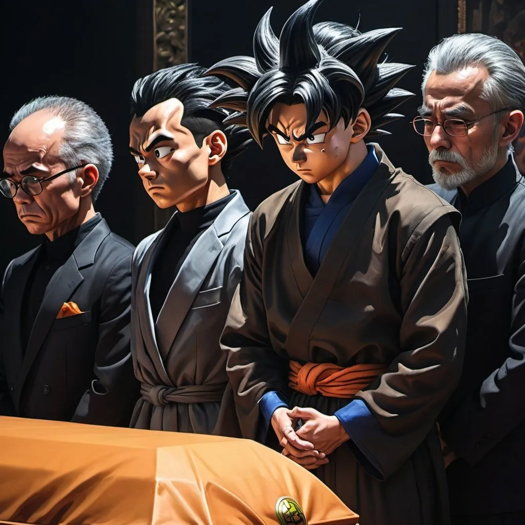 Prompt: Dragon Ball Super characters mourning Akira Toriyama's funeral, realistic oil painting, somber atmosphere, dark color tones, emotional facial expressions, detailed hair and costumes, professional art quality, realistic style, dark and muted tones, dramatic lighting