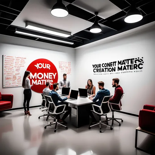 Prompt: A modern content creation agency office with a team of young professionals brainstorming ideas on a whiteboard, creating video content on laptops, and filming with high-end cameras. The logo 'Money Matters' is prominently displayed on the wall, with the slogan 'Your Content Creation Partner' in sleek, bold font. The atmosphere is vibrant, with energetic lighting and a mix of red, orange, and electric blue tones.