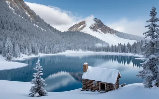 Prompt: Snowy mountain scene with a clear blue lake and a small, quaint cabin that has a hollow of smoke coming out of the chimney