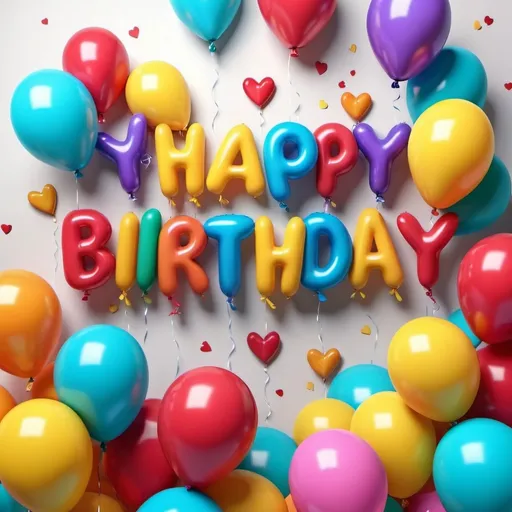 Prompt: (accurately spelled text "Happy Birthday"), 3D sign, colorful balloons of varying sizes, vibrant colors, floating balloons, playful feel, cheerful ambiance, soft focus background, intertwined hearts surrounding the sign, festive decor, ultra-detailed, high-quality, birthday celebration theme, joyful atmosphere.
