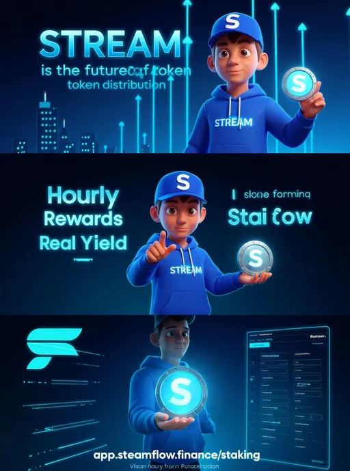 Prompt: Create a 3D-stylized promotional video (10–15 seconds) showcasing Streamflow and $STREAM staking with a futuristic, cinematic feel.
Scene 1 (Intro – 3s):
Dark blue futuristic cityscape with neon teal light streams flowing upward like data.
Floating text appears: ‘Streamflow is the future of token distribution’ in glowing white/blue font.
Scene 2 (Character reveal – 4s):
A stylized 3D boy character (light brown skin, freckles, royal blue hoodie with glowing ‘STREAM’ logo, cap with white ‘S’).
Camera slowly zooms as he raises a glowing STREAM coin in his hand.
Text overlay (holographic style): ‘Hourly Rewards ⏱️ | Real Yield 💎 | No Inflation 🚫’
Scene 3 (ASR CTA – 5s):
Character points forward, neon streams of light converge into the glowing coin.
Background shifts to Streamflow’s staking dashboard interface (simplified, stylized, not exact UI).
Final bold text across the screen:
‘Join ASR. Stake $STREAM. Earn hourly from protocol revenue.’
Add URL below: app.streamflow.finance/staking
Style & FX:
Smooth, cart