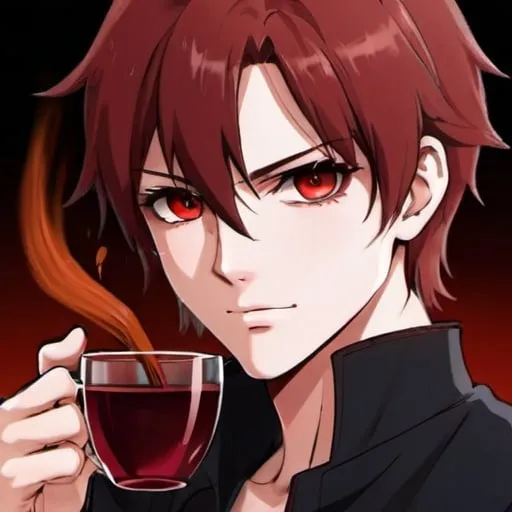 Prompt: I see your face , your crimson eyes while pouring me a cup of cinnamon and wine, an anime-style male