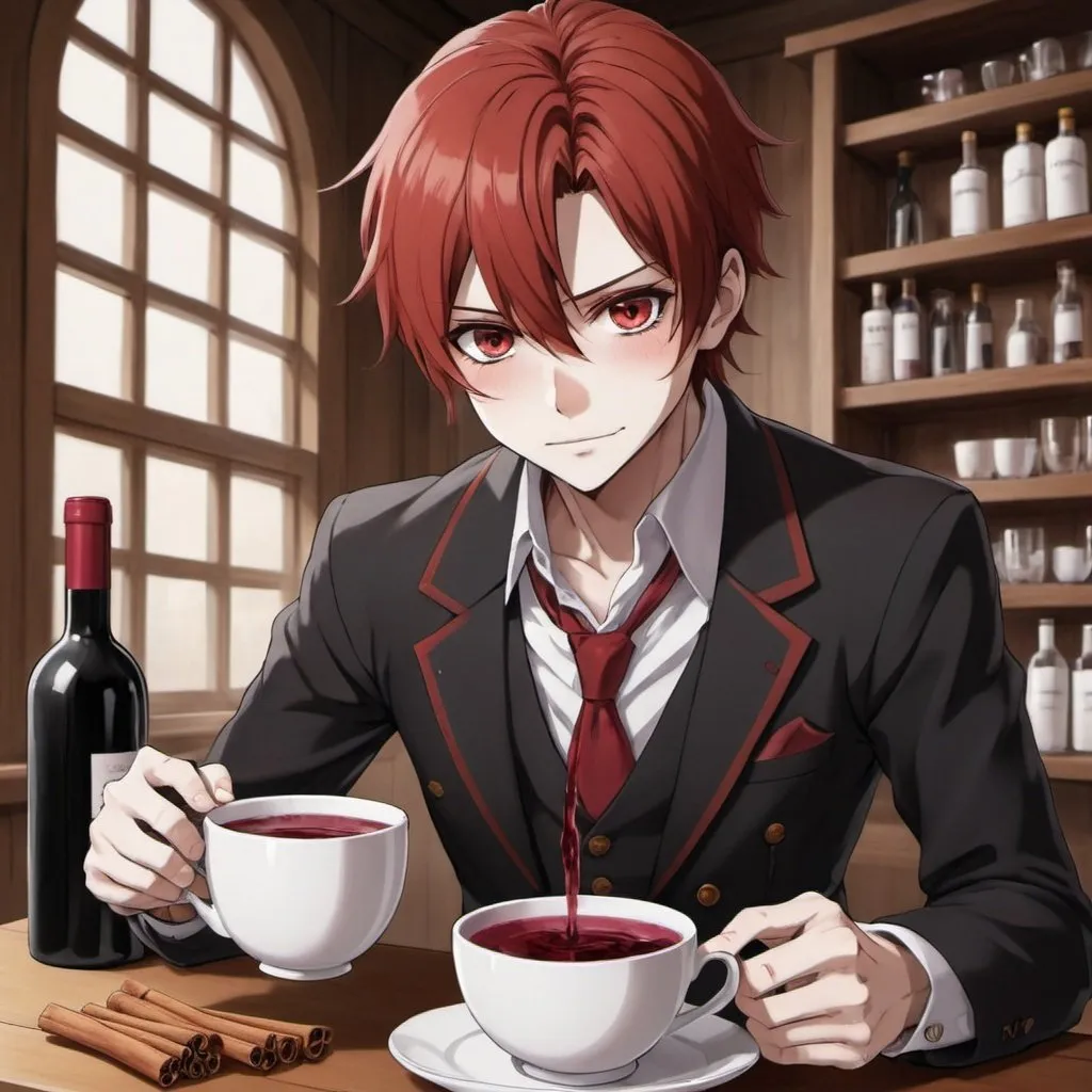 Prompt: I see your face, your crimson eyes while pouring me a cup of cinnamon and wine with these tired bones, an anime-style male 