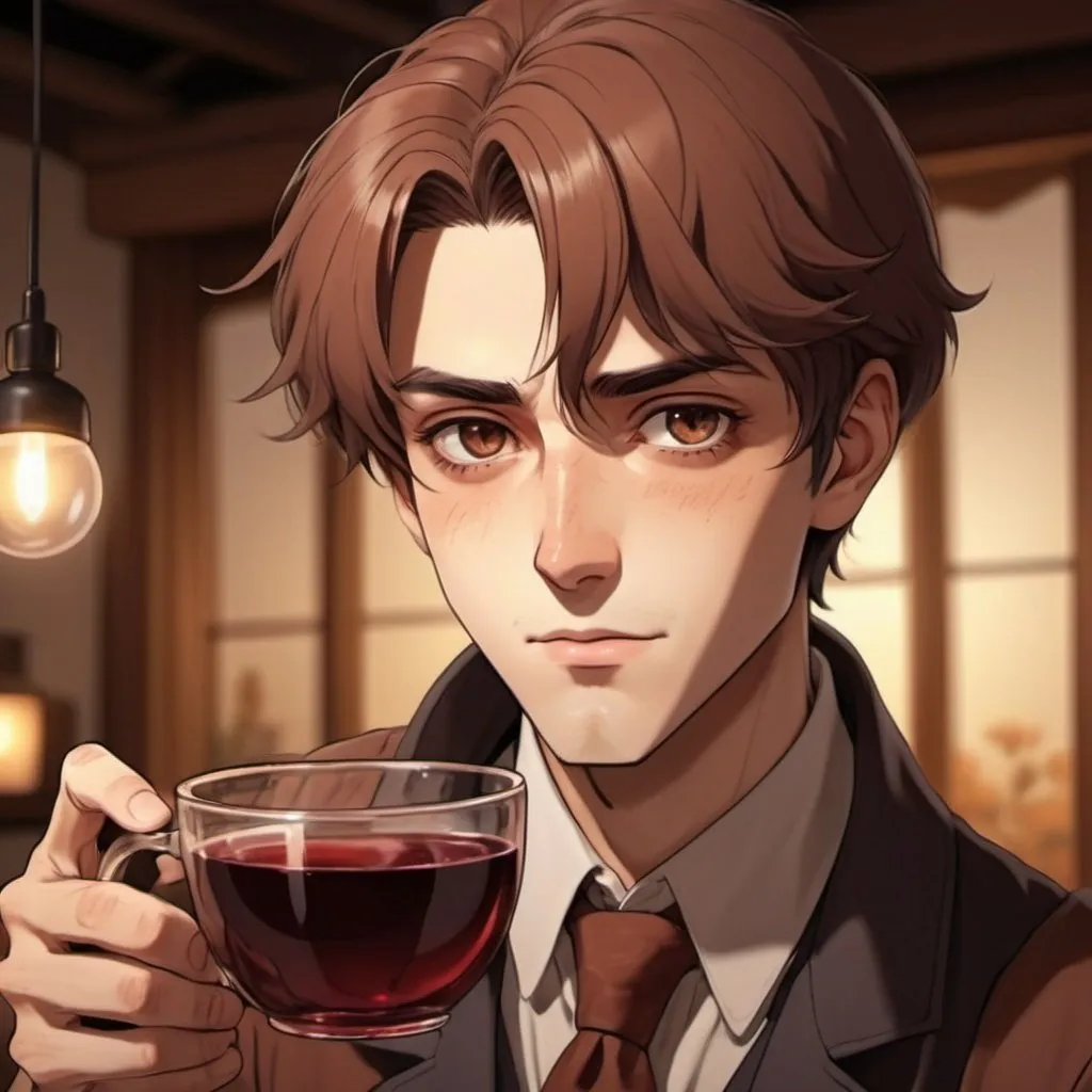 Prompt: Anime-style male pouring a cup of cinnamon and wine, tired bones, detailed facial features, vintage anime, warm tones, cozy lighting, 4k, professional, emotional, detailed eyes, atmospheric lighting