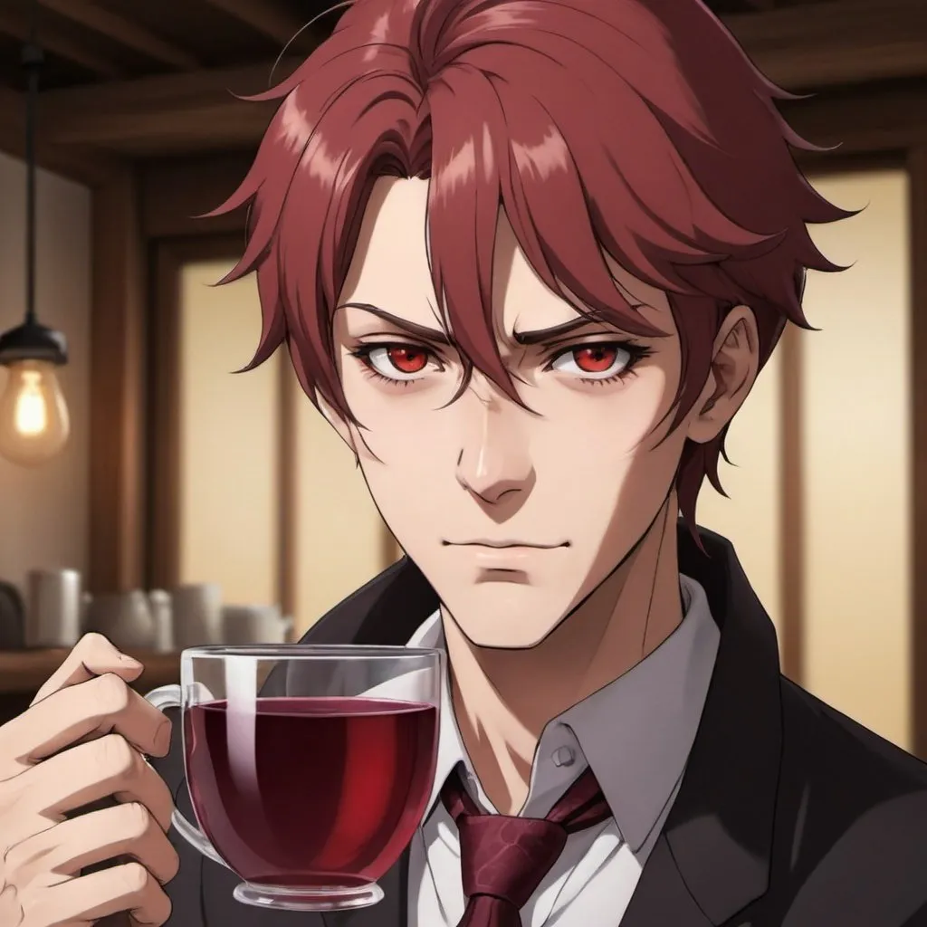 Prompt: I see your face, your crimson eyes while pouring me a cup of cinnamon and wine with these tired bones I'm getting old, an anime-style male 