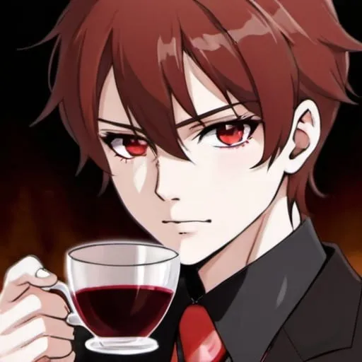 Prompt: I see your face , your crimson eyes while pouring me a cup of cinnamon and wine, an anime-style male