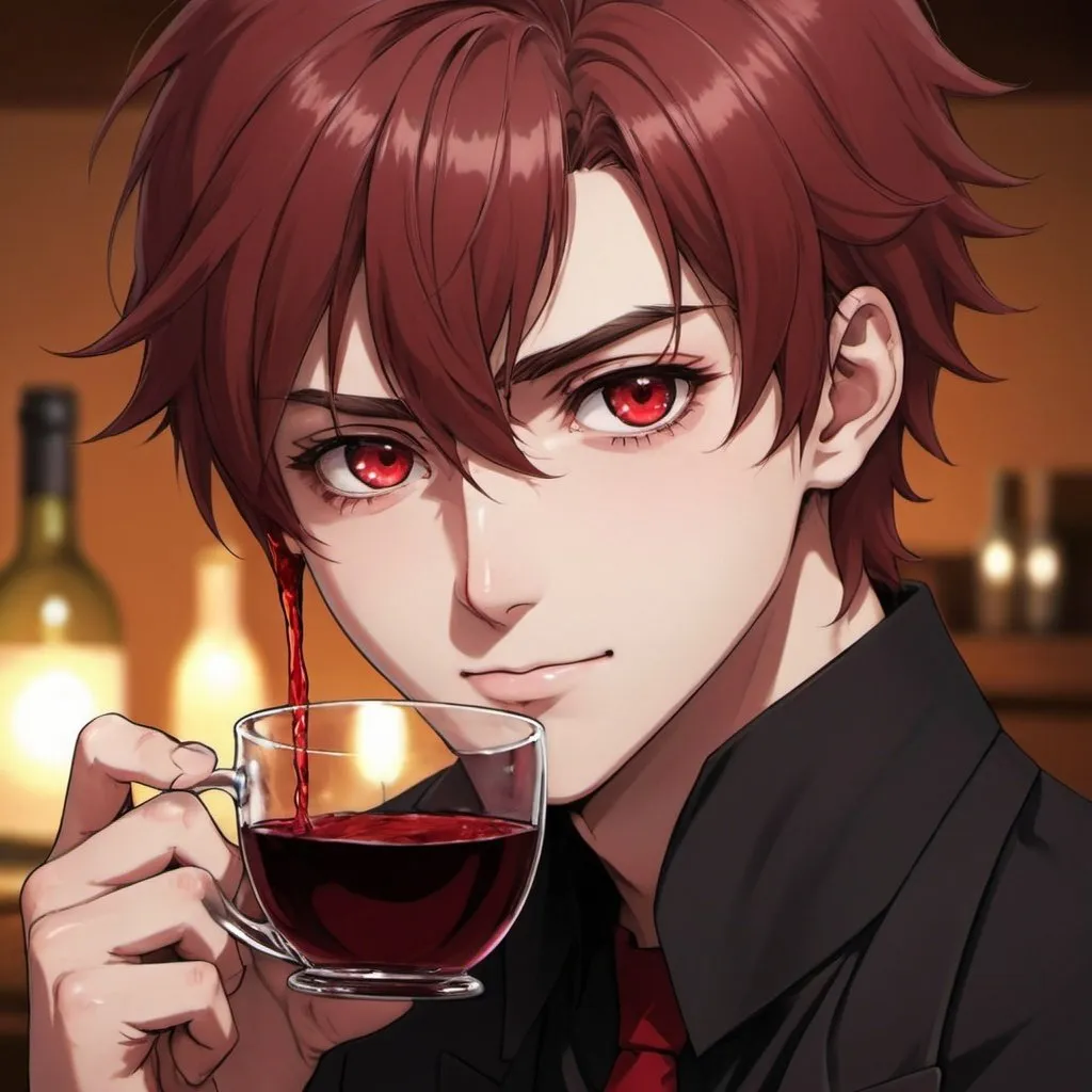 Prompt: I see your face , your crimson eyes while pouring me a cup of cinnamon and wine, an anime-style male