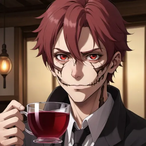 Prompt: I see your face, your crimson eyes while pouring me a cup of cinnamon and wine with these tired bones I'm getting old, an anime-style male 