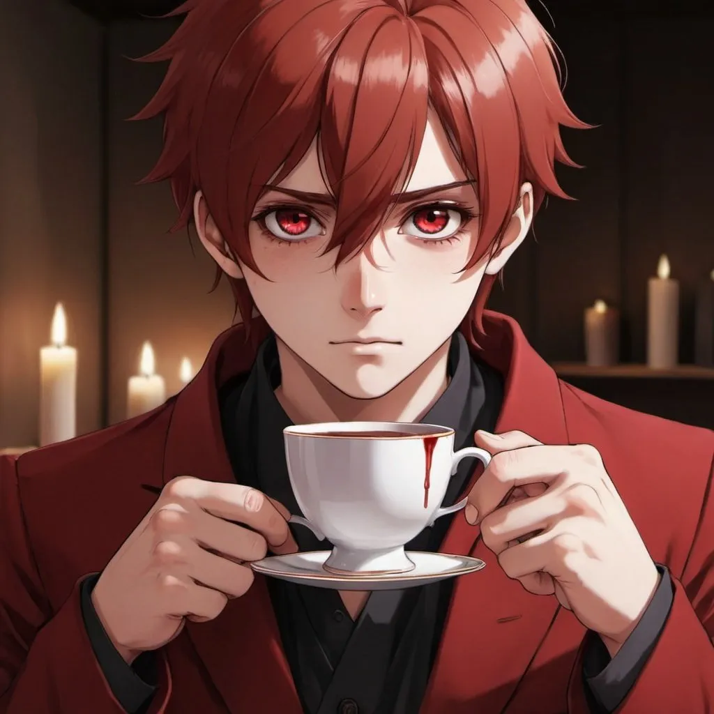 Prompt: I see your face, your crimson eyes while pouring me a cup of cinnamon and wine with tired bones, an anime-style male 