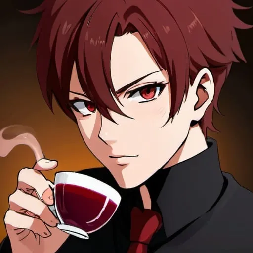 Prompt: I see your face , your crimson eyes while pouring me a cup of cinnamon and wine, an anime-style male