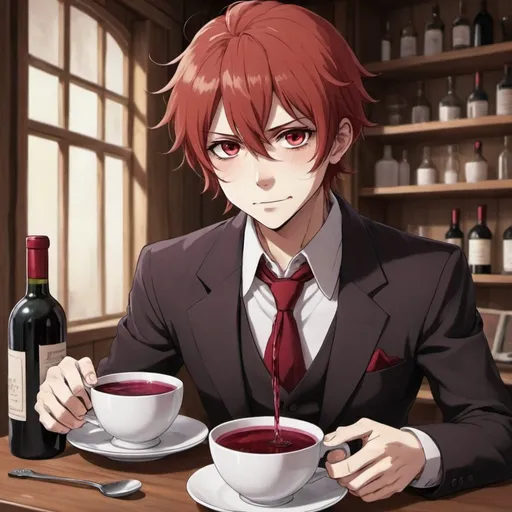 Prompt: I see your face, your crimson eyes while pouring me a cup of cinnamon and wine with these tired bones, an anime-style male 