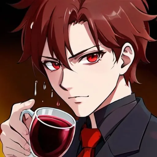 Prompt: I see your face , your crimson eyes while pouring me a cup of cinnamon and wine, an anime-style male