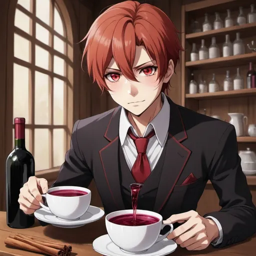 Prompt: I see your face, your crimson eyes while pouring me a cup of cinnamon and wine with these tired bones, an anime-style male 