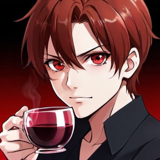 Prompt: I see your face , your crimson eyes while pouring me a cup of cinnamon and wine, an anime-style male