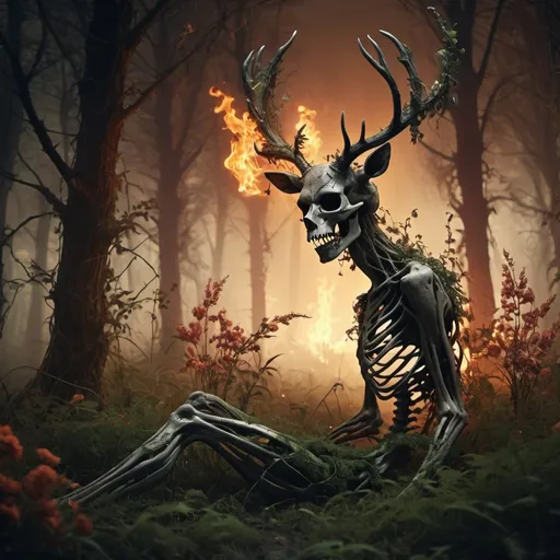 Prompt: Dark forest horror scene, human body covered in overgrown grass, flowers, vines, flaming skeleton deer, dark forest demon, high quality, detailed, horror, dark tones, eerie lighting, intense atmosphere, overgrown body, flaming deer, forest demon, haunting, sinister, detailed forest