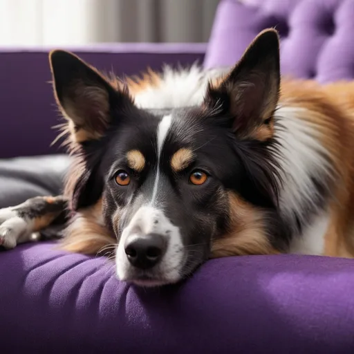 Prompt: A close-up photograph of a dog, sharp and alert gaze, with tricolored fur (black, brown, white), lying comfortably. The background features a vibrant purple couch with a gray textured pillow. Soft warm light highlighting the dog’s expressive eyes. Created Using: high-contrast settings, natural light, macro lens, fur texture focus, modern design background, soft light diffusion, gradient shadows, warm color palette, hd quality, natural look