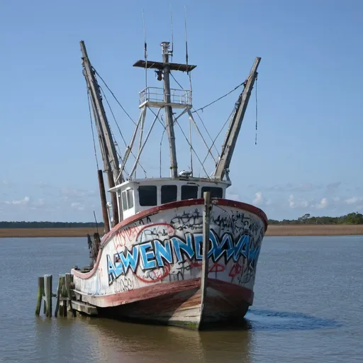 Prompt: shrimp boat with graffiti saying "Lower Awendaw"
