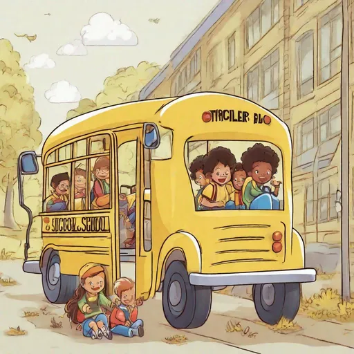 Prompt: Children sitting inside a yellow school bus. 
Use Euler A as a sampler and make it look like a cartoon 

