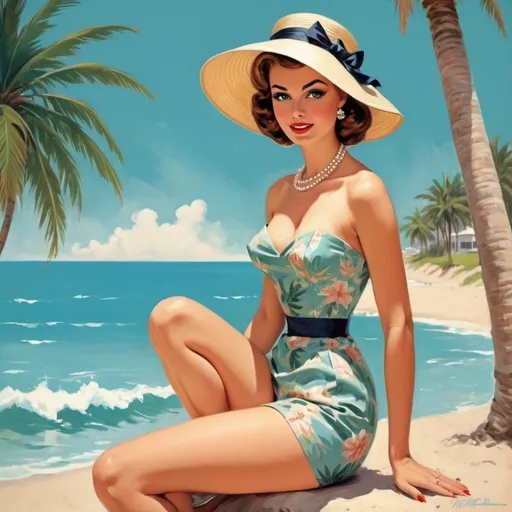 Prompt: palm beach vintage pinup 
glamour illustration 1960s style


