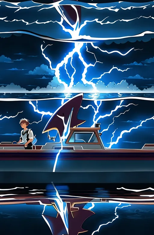 Prompt: This is a digital artwork in a highly detailed, semi-realistic style. The central figure is a young male character with black, tousled hair, wearing a maroon vest over a white shirt, black pants, and white socks. He stands confidently at the front of a small, metallic boat with a glass roof, which is centered in the foreground. The boat is filled with water and has a sleek, modern design with a metallic texture.

Behind the character, a large, glowing blue shark made of crystalline, ethereal light hovers in the air. The shark's vivid blue color contrasts sharply with the dark, stormy night sky filled with bright, jagged lightning bolts. The sky is a deep navy blue, with heavy, dark clouds adding to the dramatic atmosphere. 

In the background, small, palm tree-covered islands are visible, reflecting in the calm, dark water below. The water's surface is slightly rippled, with subtle reflections of the boat and the glowing shark. The overall scene is illuminated by the bright lightning, creating a dramatic, almost magical ambiance. The character's determined expression and the fantastical elements combine to create a sense of adventure and mystique.