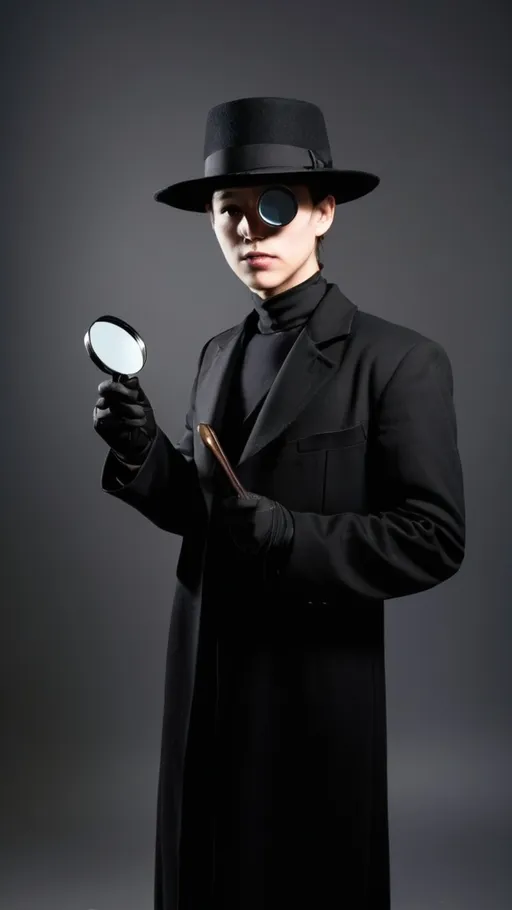 Prompt: An individual in a black costume, holding a magnifying glass and wearing a black hat.