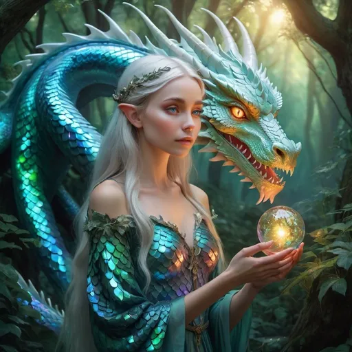 Prompt: Elf girl and dragon in a magical forest, iridescent scales, serene and surreal, profound bond, vivid and ethereal, peaceful and harmonious, shimmering dreams, transcending reality, graceful strength, testament to trust, surreal fantasy, ethereal, magical, vibrant colors, iridescent scales, vivid imagery, serene atmosphere, highres, detailed, fantasy, surreal, magical forest, iridescent scales, peaceful, dreamlike, vibrant, harmonious lighting