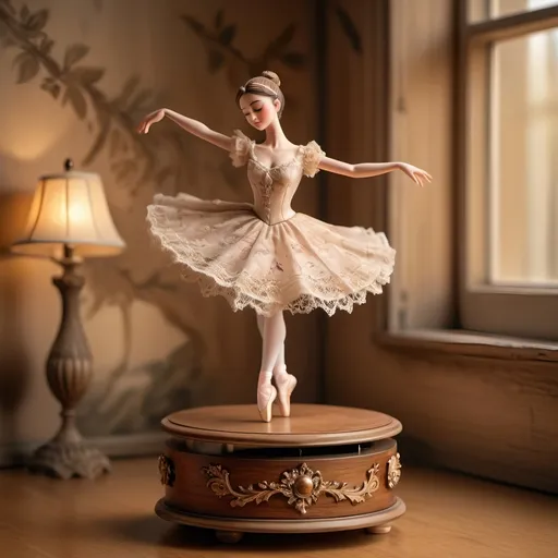 Prompt: Ballerina spinning on a music box, vintage wood material, delicate lace details on the dress, high quality, classical painting, warm tones, soft and dreamy lighting, intricate movement, detailed facial expression