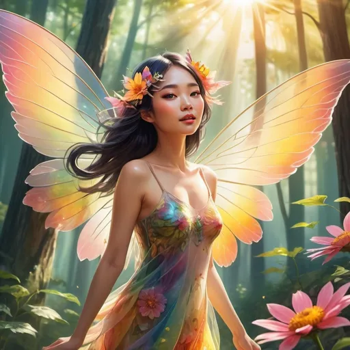 Prompt: Surreal illustration of a adult Asian female fairy with transparent flying on a sunny morning, multicolored sunshine reflecting on her cute face and wings, forest background with vibrant colors, flying in the air, highres, detailed wings, surreal, cartoonish, multicolored sunlight, giant flower, transparent wings, cute face, vibrant forest, sunny morning, flying