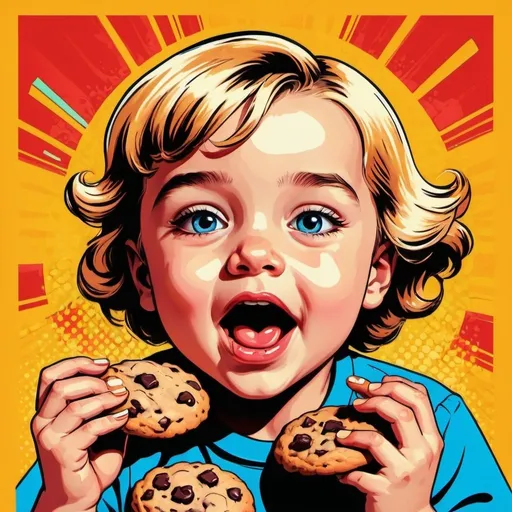 Prompt: Pop art illustration of a child enjoying cookies, vibrant colors, comic book style, retro aesthetic, colorful background, expressive facial features, high quality, comic pop art, vibrant colors, retro style, joyful expression, detailed cookies, energetic atmosphere