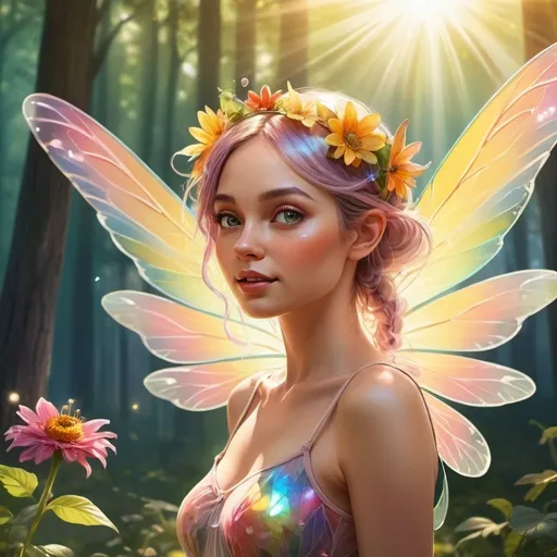 Prompt: Surreal illustration of a adult female fairy with transparent flying on a sunny morning, multicolored sunshine reflecting on her cute face and wings, forest background with vibrant colors, flying in the air, highres, detailed wings, surreal, cartoonish, multicolored sunlight, giant flower, transparent wings, cute face, vibrant forest, sunny morning, flying