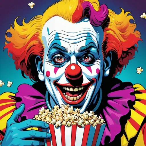 Prompt: Clown eating popcorn, pop art, vibrant colors, comic book style, retro, 4k, ultra-detailed, lively, exaggerated expressions, dynamic composition, bold outlines, playful, vivid and contrasting colors, dramatic lighting