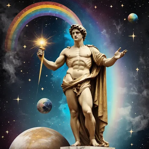 Prompt: dark,gold, A white marble statue of the Greek god, with his head raised and a rainbow halo around it; in space, surrounded by stars, planets, galaxies, and shooting star smoke; in the style of illustration, mixed media collage, vintage aesthetic, realistic 