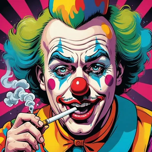 Prompt: Comic-style illustration of a clown smoking from a bong, vibrant pop art colors, exaggerated smoke, tearful coughing, bold lines, dynamic composition, high-contrast lighting, retro comic style, expressive facial features, detailed bong, exaggerated smoke, tearful coughing, vibrant pop art style, dynamic composition, high-contrast lighting, comic book, retro, expressive, vibrant colors, exaggerated, tears, pop art